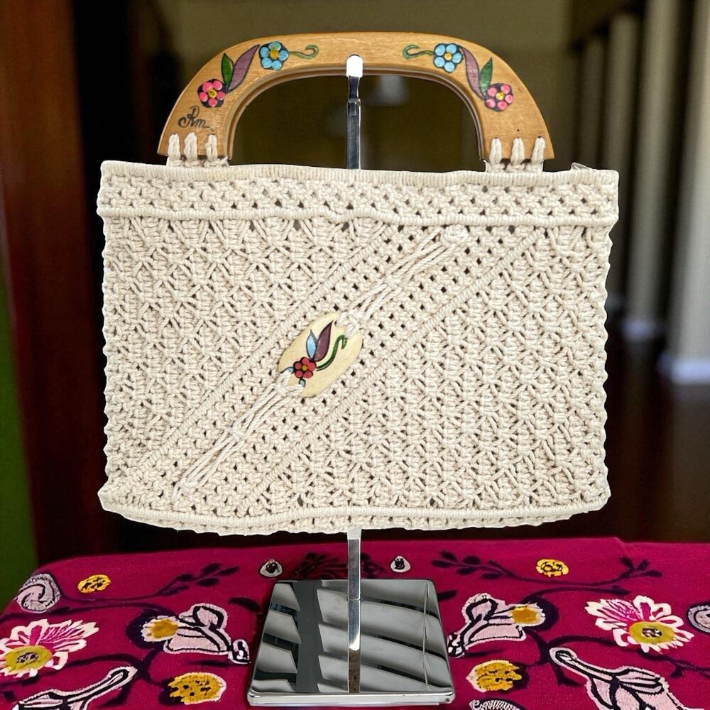 Vintage 70s Macrame Handbag Cream Boho Purse Painted Wooden Handles Folk Art